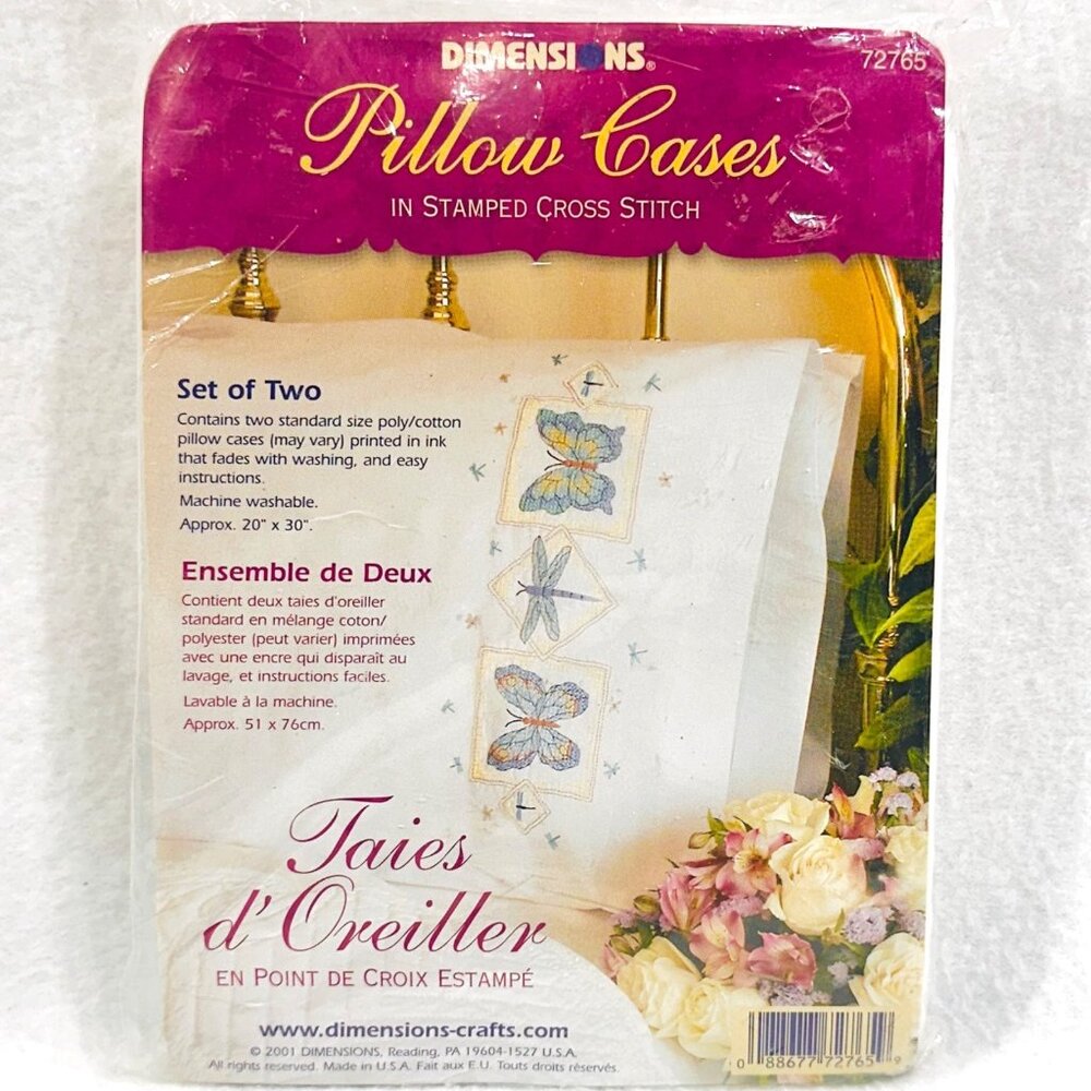 Dimensions Stamped Cross Stitch Pillow Cases Set Of Two - Butterfly Design - New